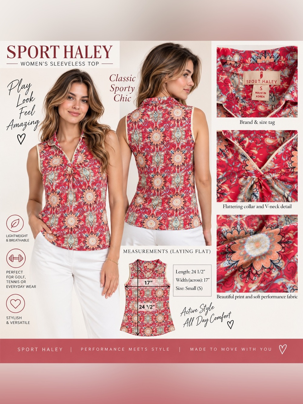 Sport Haley Women’s Small Floral Sleeveless Golf Polo Top V-Neck Stretch